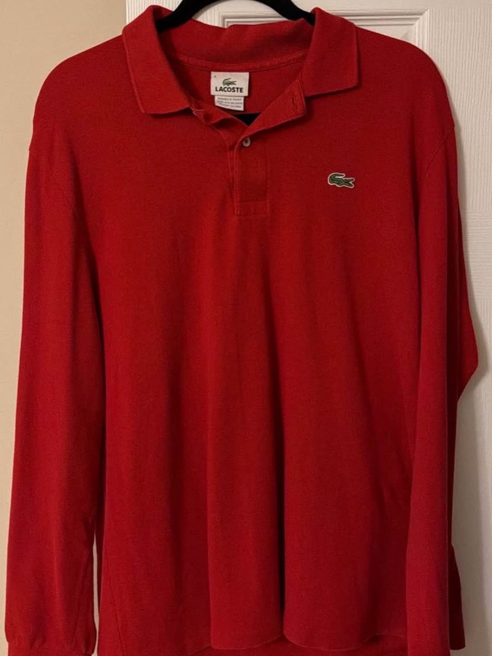 Lacoste Red Long-Sleeve Polo with Green Crocodile Logo